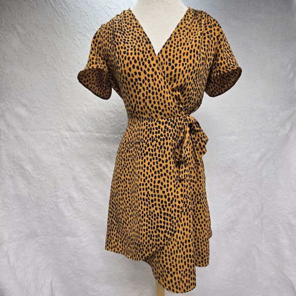 J Crew Yellow Wrap Leopard Sun Dress Medium Barbie Romantic Cottagecore Mob Wife - Picture 1 of 6